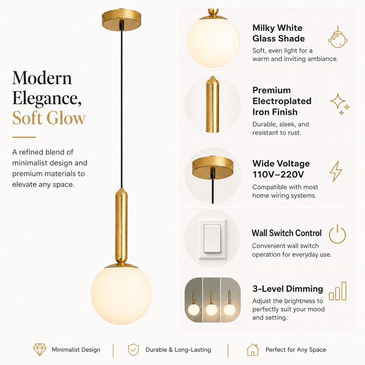 Minimalist White Glass Pendant Light | Dining & Hallway Ceiling Lamp