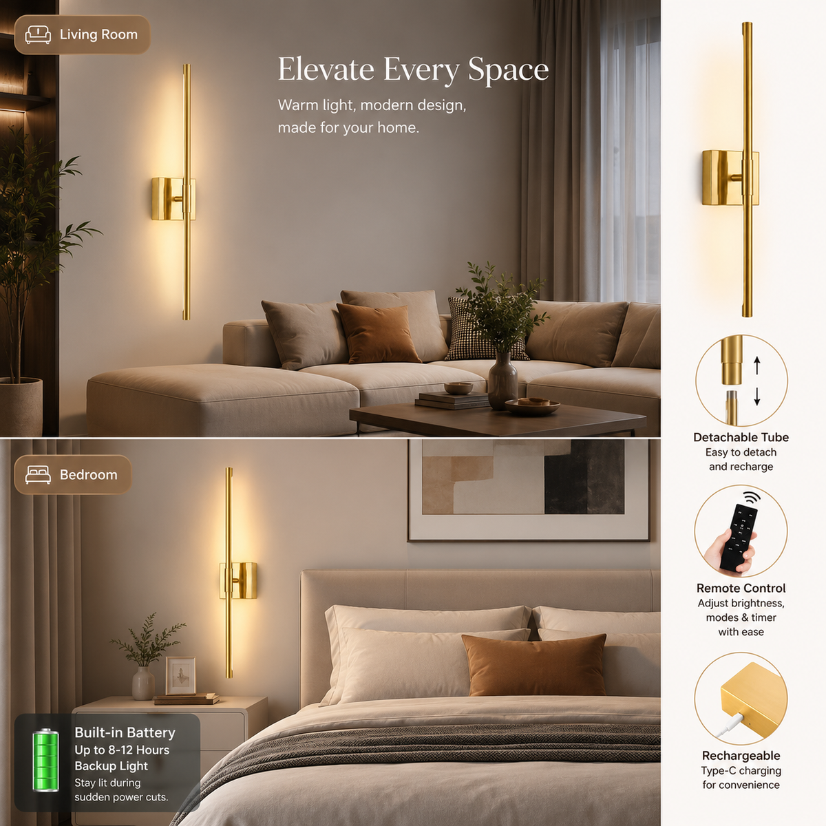 Gold Iron Wall Sconce | Modern Minimalist Wall Lamp for Bedroom, Living Room & Hallway