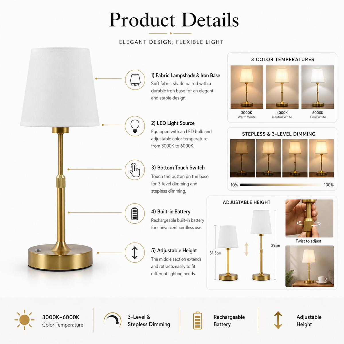 Modern Minimalist Fabric Table Lamp | Iron Base, Adjustable Height & LED Compatible
