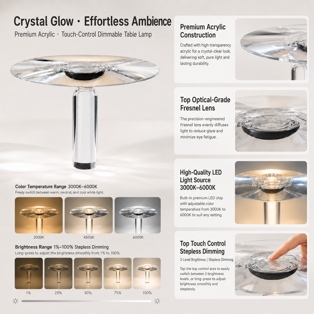 Transparent Acrylic Table Lamp | 3 Color Temperatures & Stepless Dimming