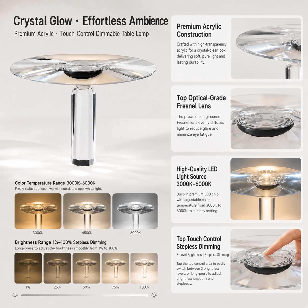Transparent Acrylic Table Lamp | 3 Color Temperatures & Stepless Dimming